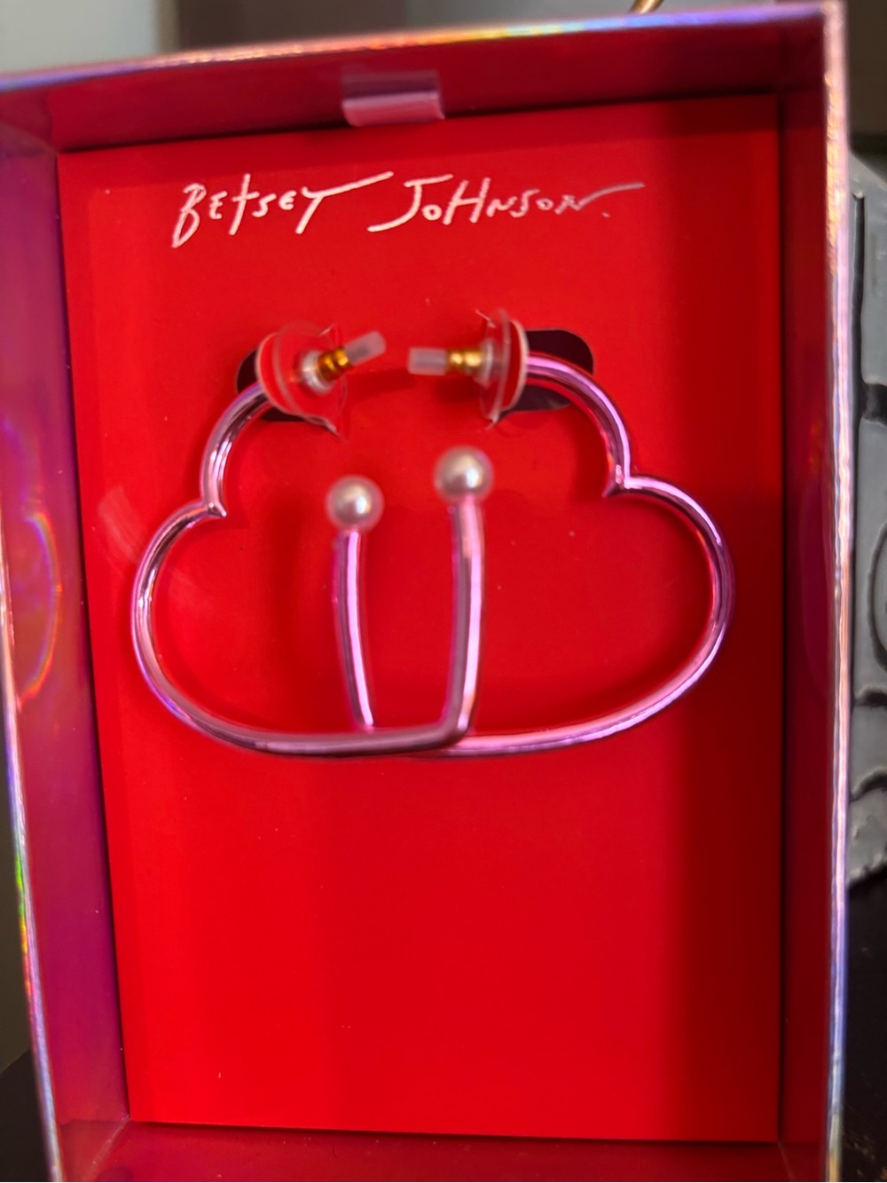 Betsey Johnson Pink Iridescent Cloud Hoop Earrings with Pearl Tips